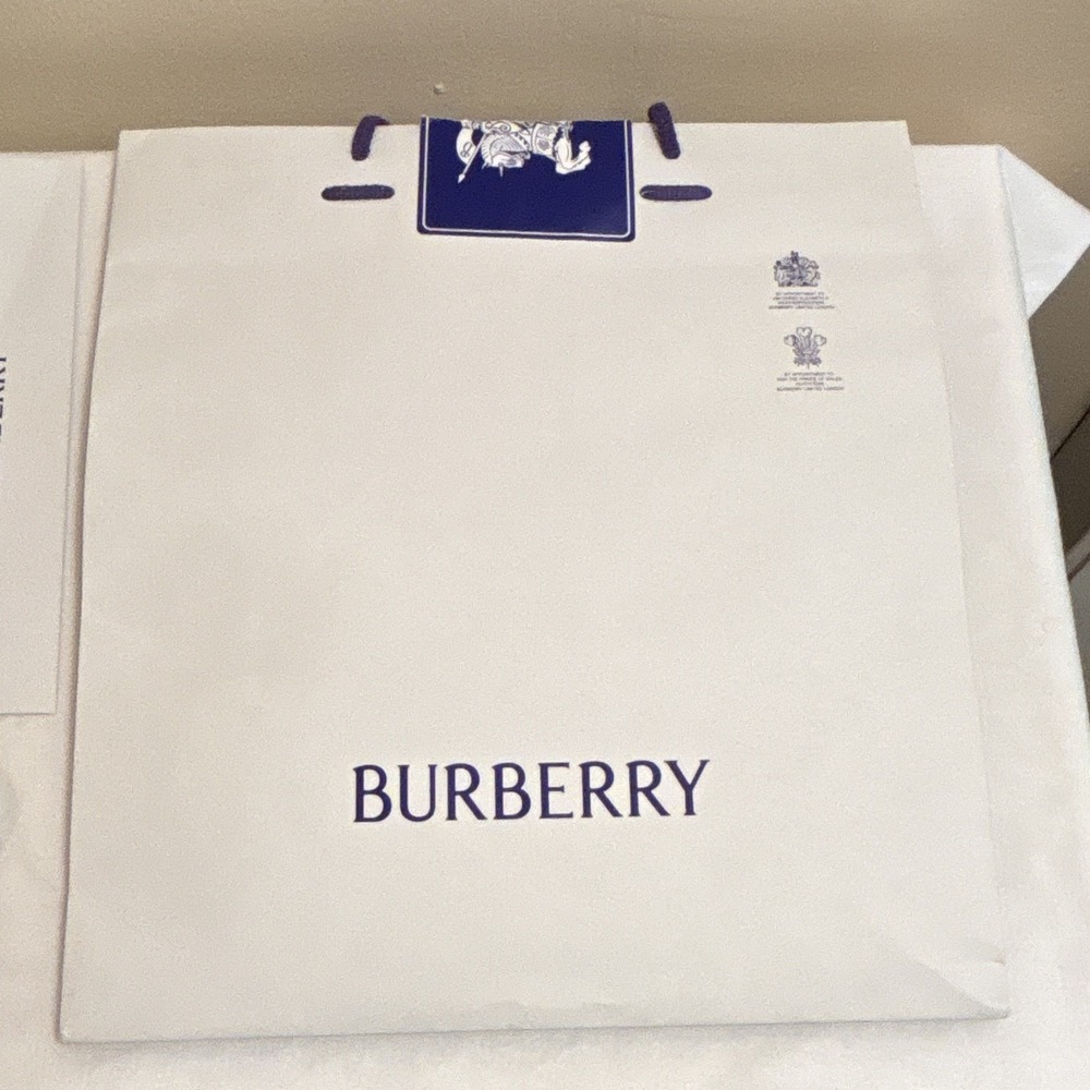 Burberry Paper Shopping Bag White Navy 14.25x12.5x4.75 w/ Envelope & Hang Tag